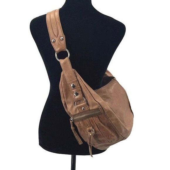 Tano Handbags - Tano Womens Distressed Studded One Strap Leather Hobo Handbag Brown OS